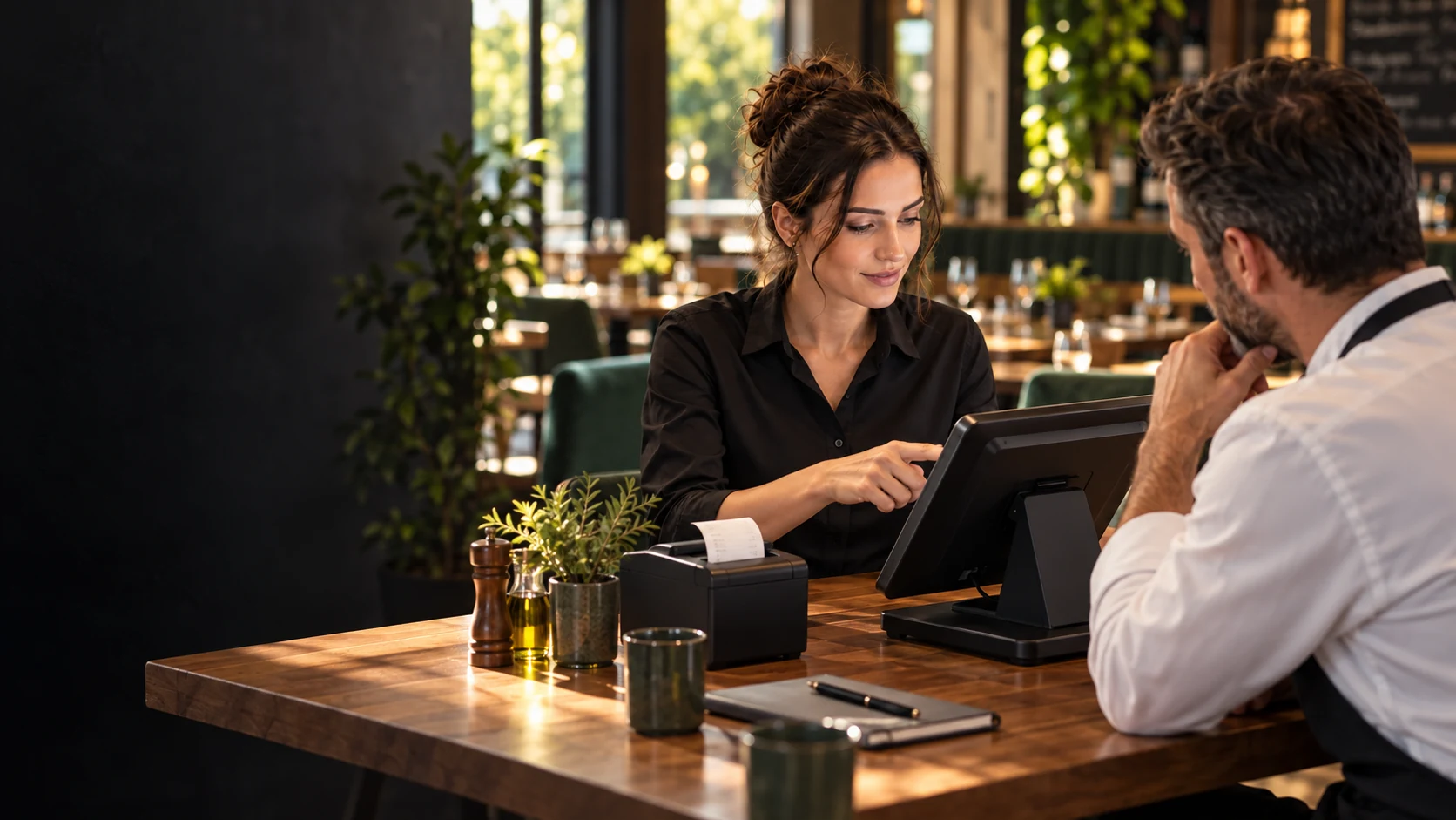 Scenă ilustrativă într-un restaurant: o operatoare discută fluxul comenzilor cu un colaborator, iar echipamentul POS se vede în fundal