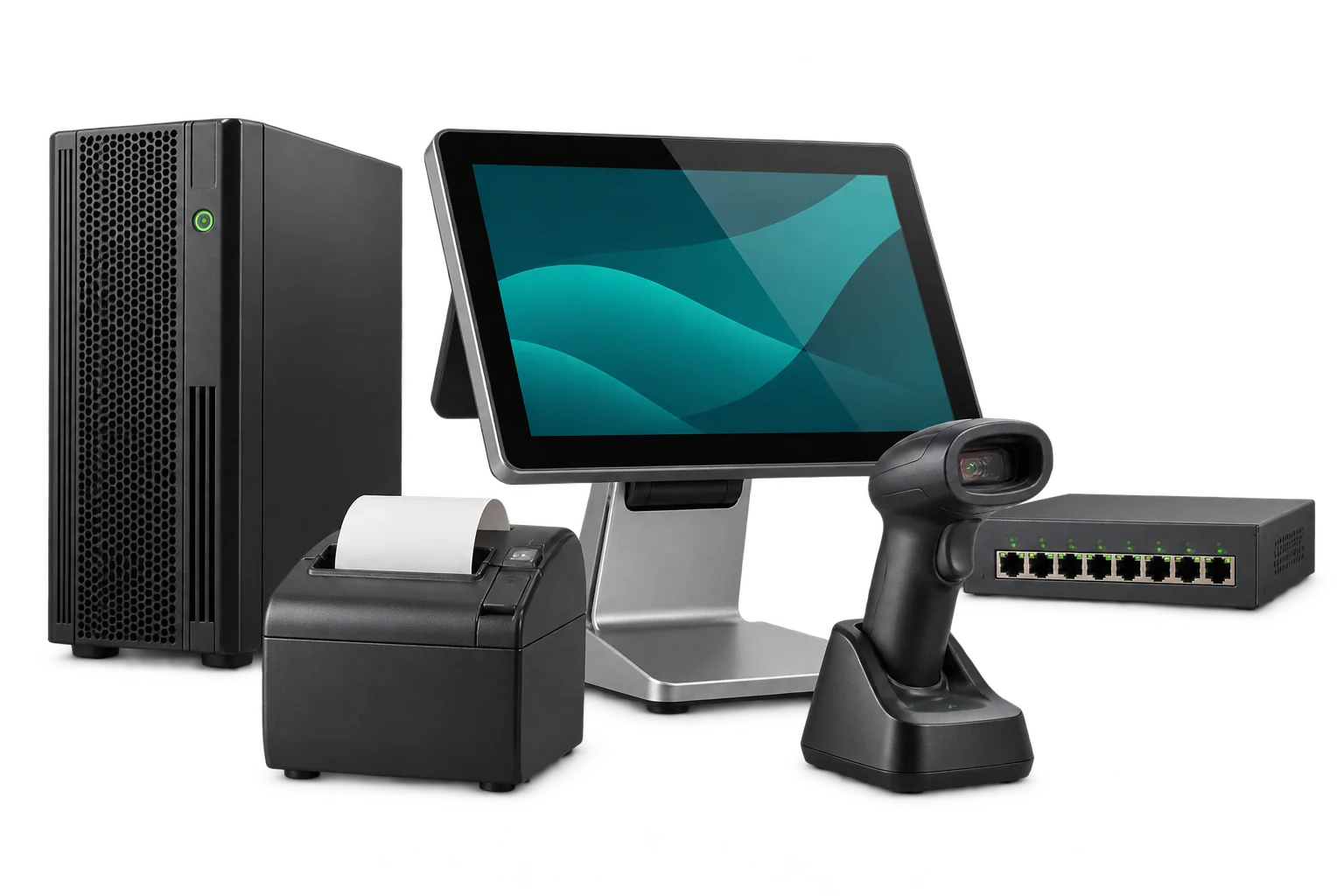 Compoziție ilustrativă cu server compact, terminal POS, imprimantă, scanner și switch de rețea